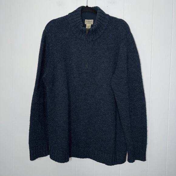 LL Bean Men’s 100% Shetland Wool Quarter Zip Sweater Elbow Patches Blue L-Tall - Picture 1 of 5